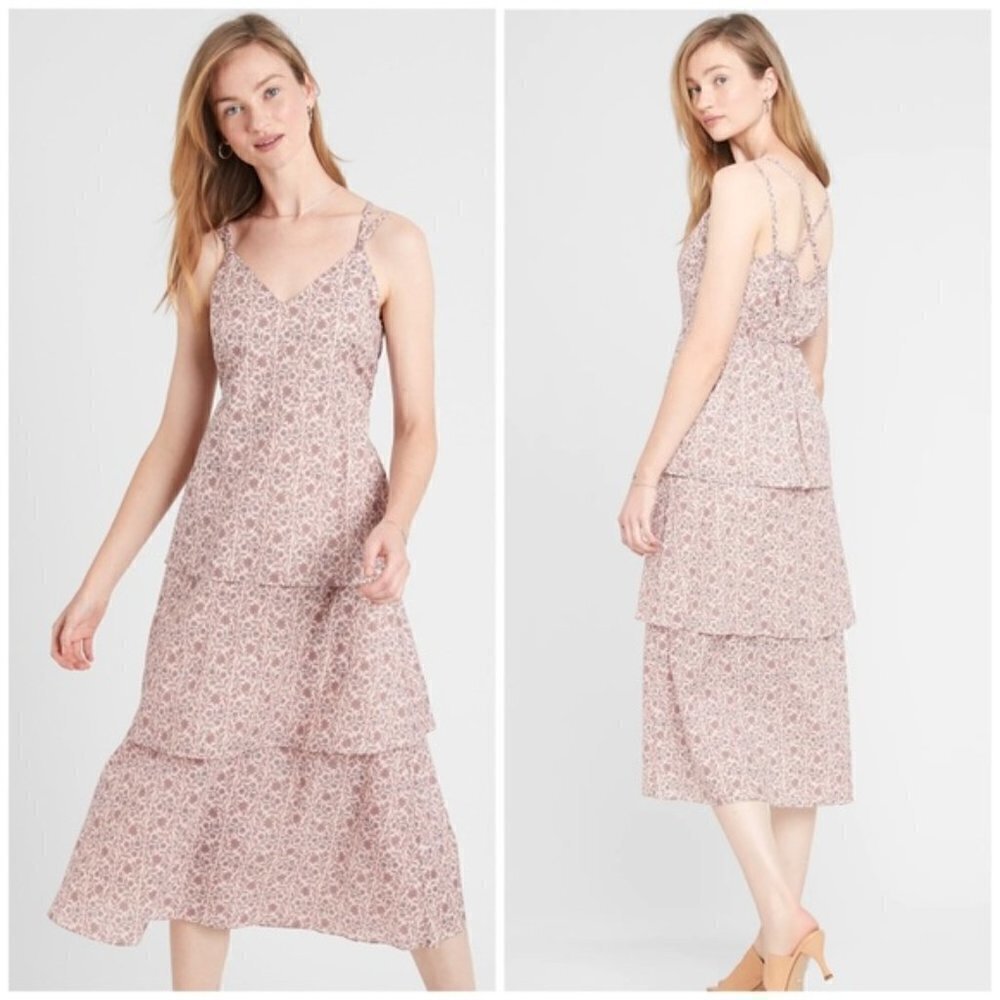 NWOT Banana Republic Dress Bohemian Tiered Midi Faded Coral Floral Bontanical M